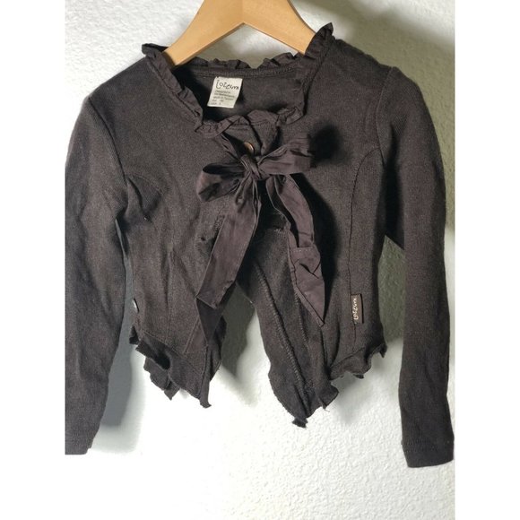 Jottum Girls 3T Brown Bolo Cardigan Sweater Cotton Blend Dutch Euro Bow Ruffle - Picture 1 of 8